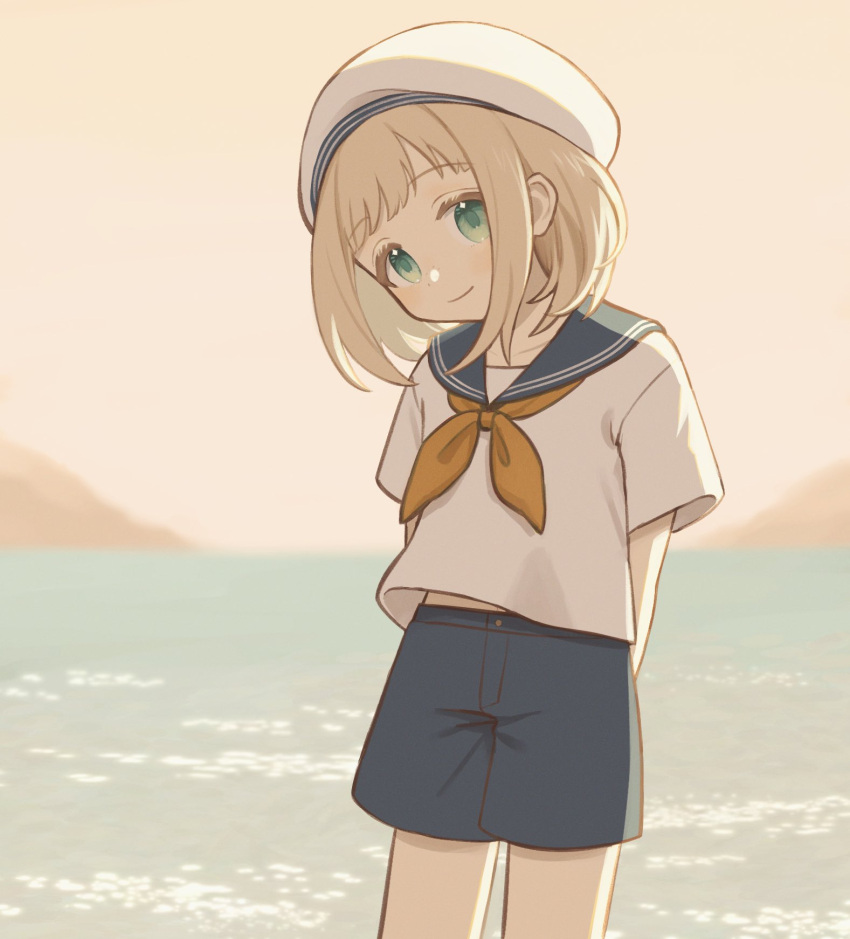 1boy, arms_behind_back, beret, blue_sailor_collar, blue_shorts, bob_cut, cowboy_shot, ezra_theodore
