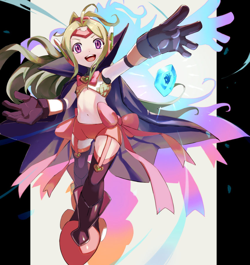1girl, absurdres, ahoge, alternate_universe, blonde_hair, blue_gemstone, boots, bow, cape, commission, commissioner_upload, fire_emblem, fire_emblem_awakening, garter_straps, gem, green_hair, heart_pendant, helmet, highres, joints, mega_man_(series), navel, non-web_source, nowi_(fire_emblem), omochi_(mochi_skymega), pink_bow, ponytail, robot, robot_joints, shorts, violet_eyes