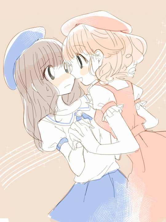 2girls, beret, black_eyes, black_hair, blue_hair, blue_skirt, bright_pupils, brown_background