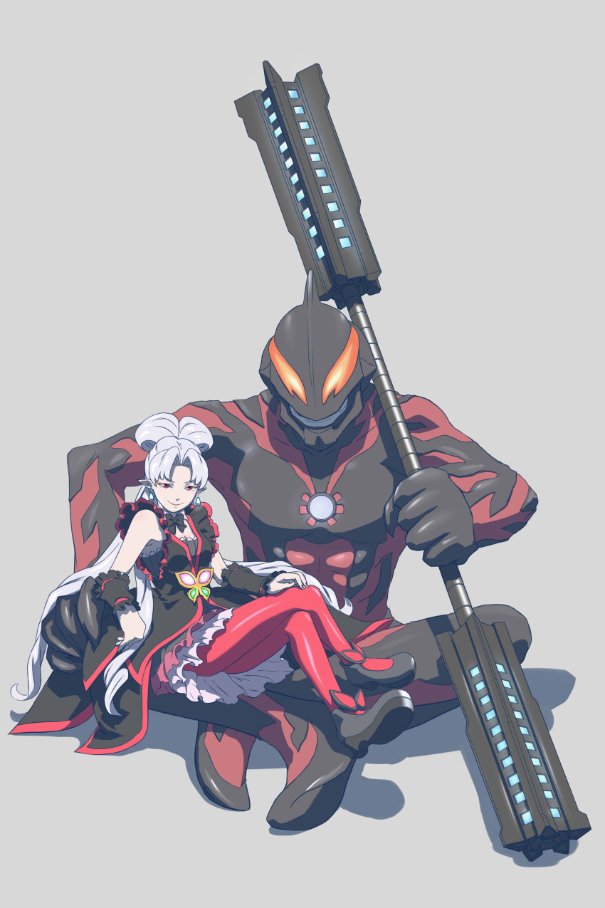 1boy, 1girl, absurdres, albino, alien, black_bow, black_bowtie, black_dress, black_nails, bow, bowtie, claws, closed_mouth, color_timer, couple, crossed_legs, crossover, dai-kaijuu_battle_ultra_ginga_densetsu_the_movie, dress, earrings, eyeshadow, fingernails, full_body, giant, giga_battlenizer, glowing, glowing_eyes, go!_princess_precure, gothic_lolita, grey_background, grey_hair, grin, hair_intakes, highres, holding, holding_polearm, holding_weapon, indian_style, jewelry, lipstick, lolita_fashion, long_hair, looking_at_viewer, makeup, miniskirt, muscular, muscular_male, nail_polish, on_floor, orange_eyes, pantyhose, parted_lips, pointy_ears, polearm, precure, quad_tails, red_eyes, red_pantyhose, simple_background, sitting, skirt, smile, tokusatsu, twilight_(go!_princess_precure), ultra_series, ultraman_belial, ultraman_geed_(series), ultraman_zero_the_movie_choukessen!_belial_ginga_teikoku, very_long_hair, weapon, white_hair, wrist_cuffs, zephyranthes54
