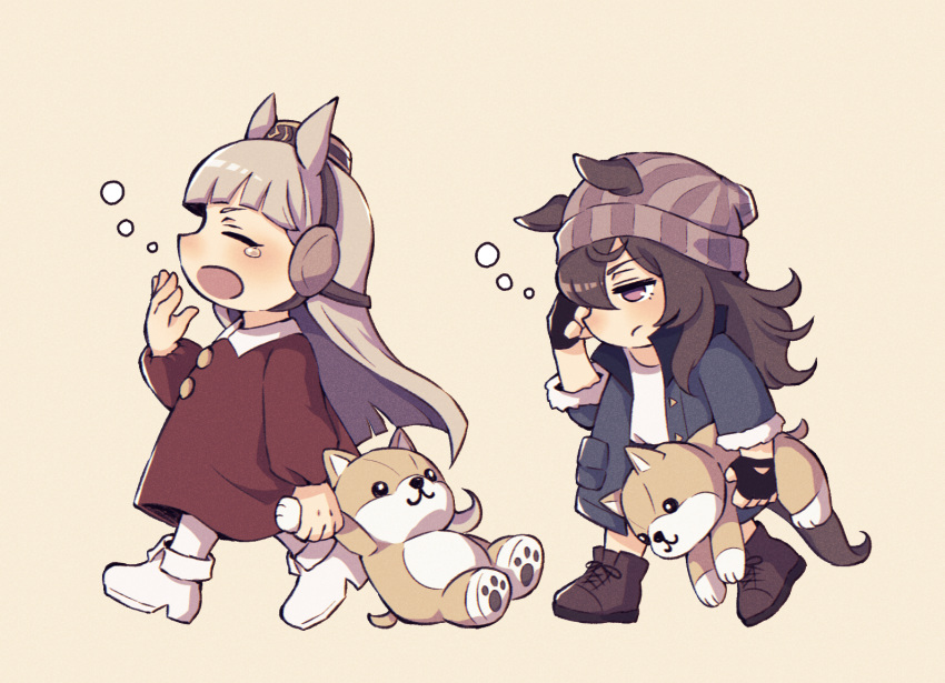 2girls, animal_ears, beanie, black_jacket, blush, boots, brown_background, brown_dress, brown_footwear, brown_hair, brown_hat, chibi, closed_mouth, collared_dress, commentary_request, cross-laced_footwear, dress, ear_covers, ears_through_headwear, fur-trimmed_sleeves, fur_trim, gold_ship_(umamusume), grey_hair, grey_hat, hair_between_eyes, hat, holding, holding_stuffed_toy, horse_ears, horse_girl, horse_tail, jacket, lace-up_boots, long_hair, long_sleeves, mini_hat, multiple_girls, nakayama_festa_(umamusume), namuko, open_clothes, open_jacket, open_mouth, pantyhose, puffy_long_sleeves, puffy_sleeves, rubbing_eyes, shirt, simple_background, squeans, stuffed_animal, stuffed_dog, stuffed_toy, tail, tears, umamusume, umamusume:_peace_peace_cepea_cepea_golshi-chan, very_long_hair, violet_eyes, walking, white_footwear, white_pantyhose, white_shirt, yawning