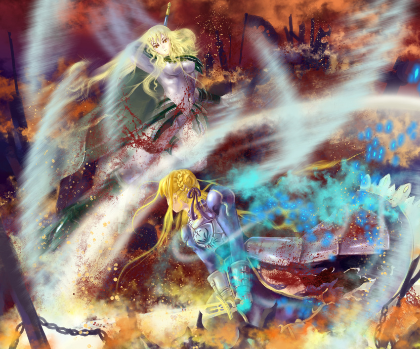 battle, blonde_hair, blood, cape, claymore, claymore_(sword), crossover, epic