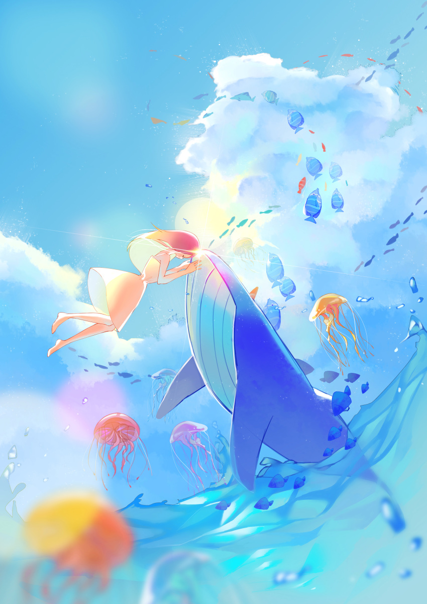 1girl, absurdres, animal, basho, blue_sky, clouds, cloudy_sky, commentary