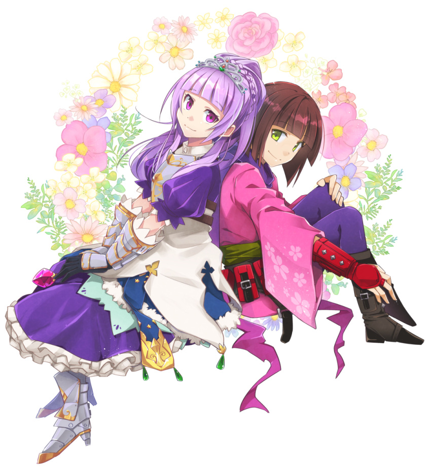 2girls, back-to-back, brown_hair, closed_mouth, dress, floral_background, full_body, gauntlets