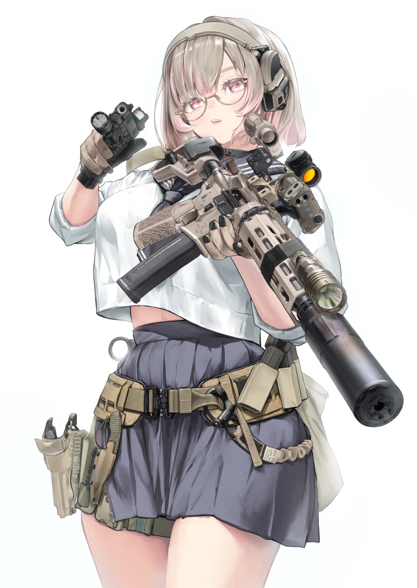 1girl, aiming, aiming_at_viewer, ammunition_pouch, ar-15, belt, brown_gloves, bulletproof_vest