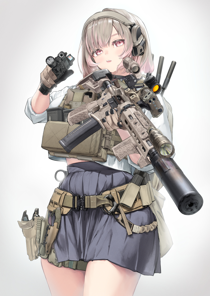 1girl, aiming, aiming_at_viewer, ammunition_pouch, ar-15, belt, brown_gloves, bulletproof_vest