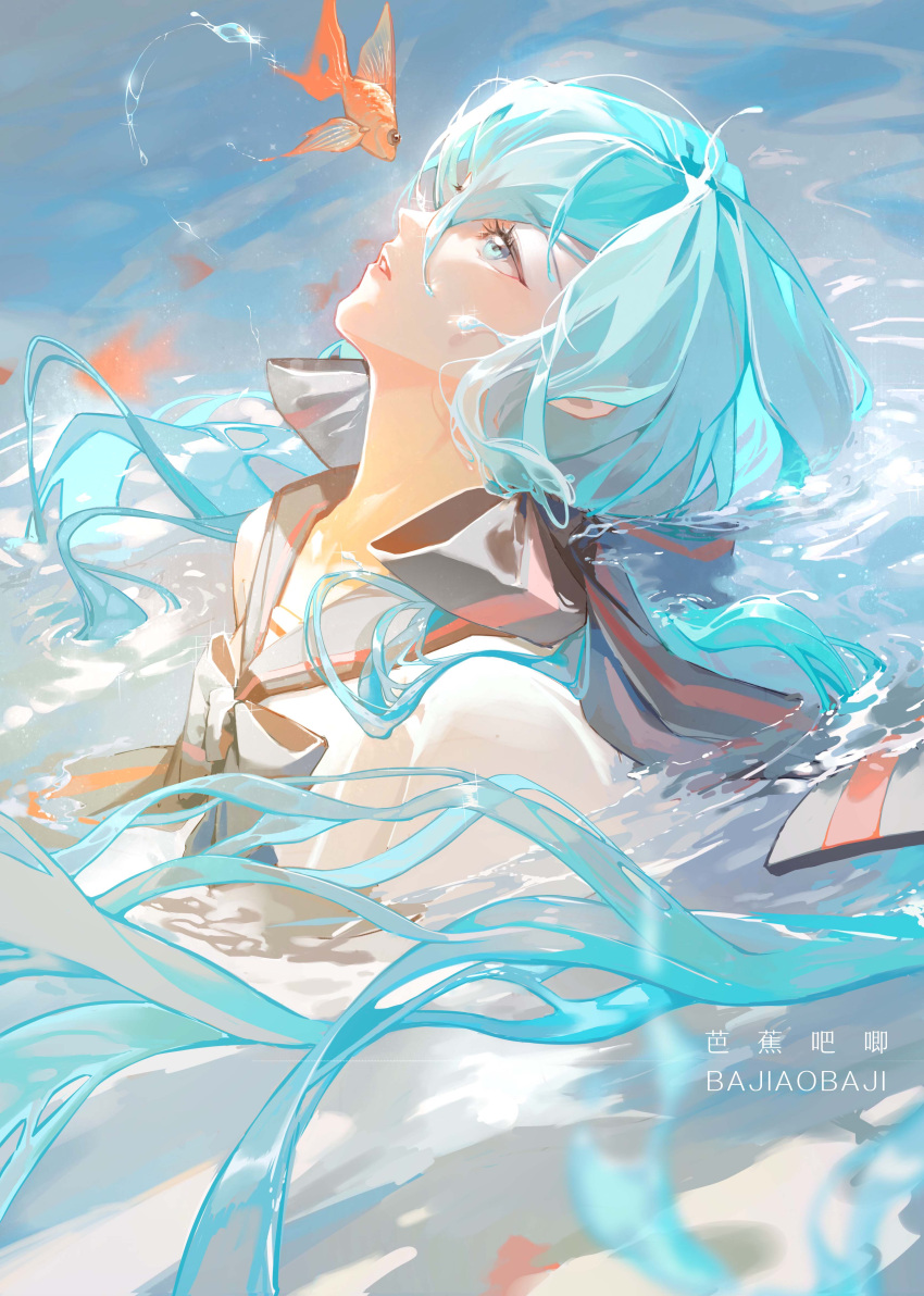 1girl, absurdres, animal, artist_name, basho, black_bow, black_bowtie, black_sailor_collar, blue_hair, bottle_miku, bow, bowtie, commentary, fish, goldfish, hatsune_miku, highres, long_hair, looking_at_animal, parted_lips, partially_submerged, sailor_collar, school_uniform, shirt, solo, upper_body, very_long_hair, vocaloid, water, watermark, white_shirt