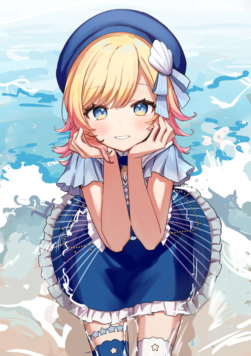 1girl, absurdres, aiceclass, arm_support, asymmetrical_legwear, beach, blonde_hair, blue_beret