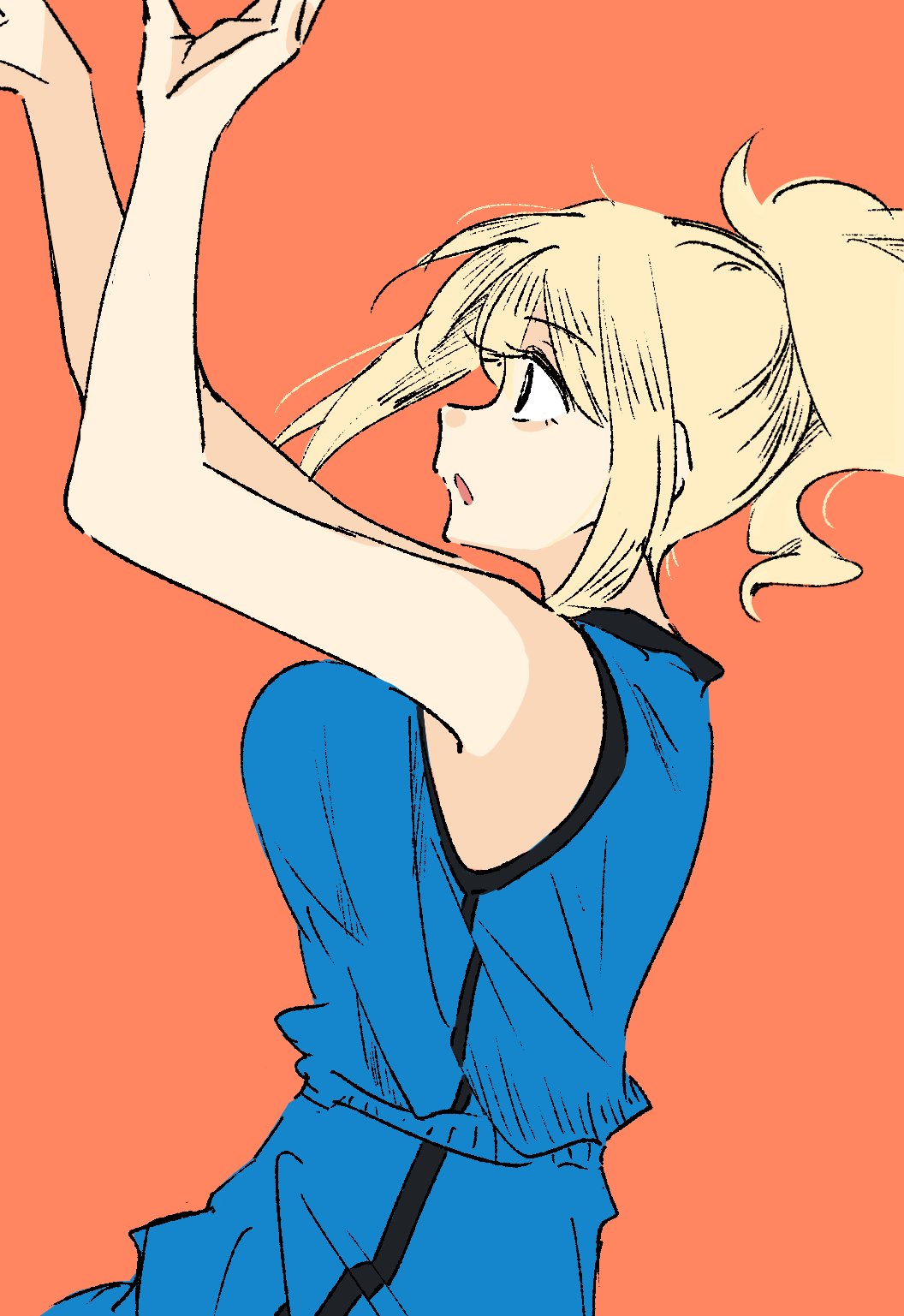 1girl, arms_up, basketball, basketball_uniform, blonde_hair, blue_shirt, blue_shorts, breasts