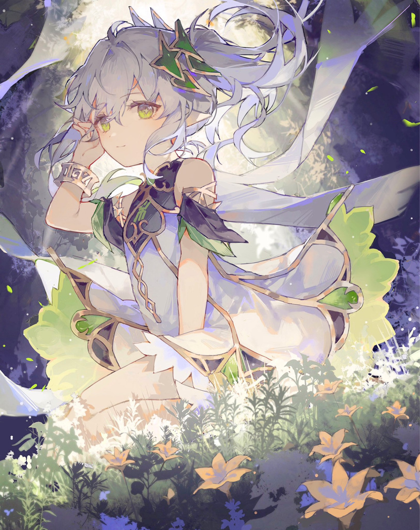 1girl, ahoge, bracelet, cape, closed_mouth, cross-shaped_pupils, detached_sleeves, dress
