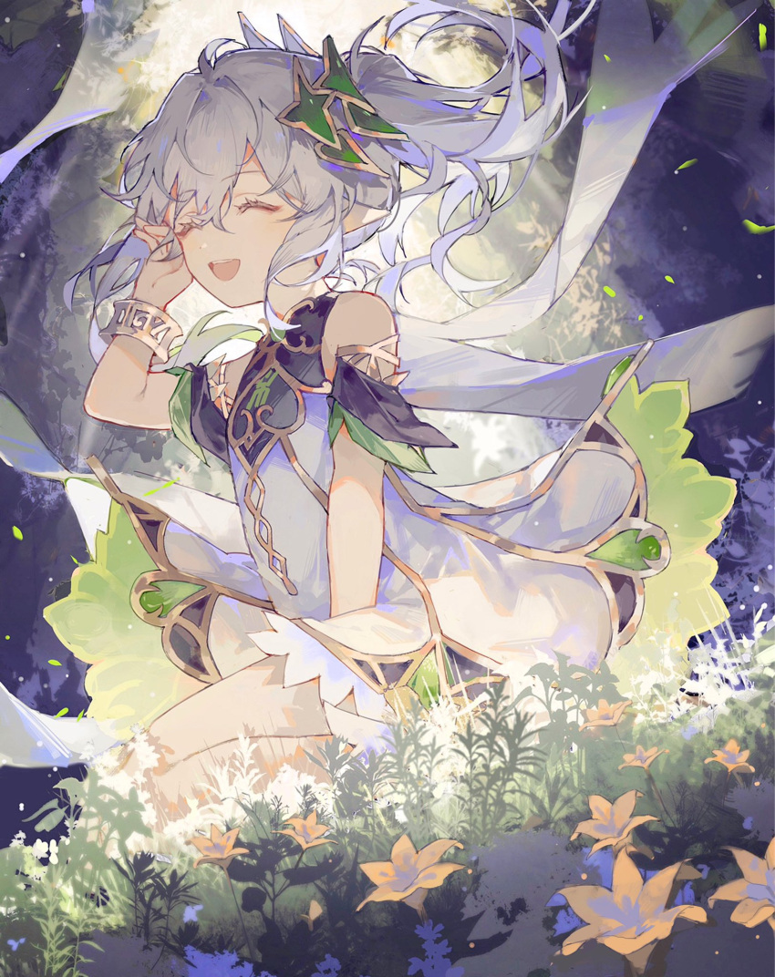 1girl, ^_^, ahoge, bracelet, cape, closed_eyes, detached_sleeves, dress
