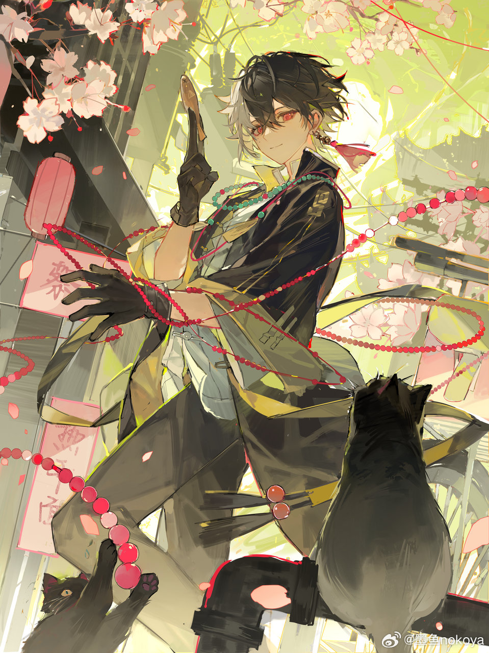 1boy, animal, architecture, bead_necklace, beads, black_cat, black_coat, black_gloves