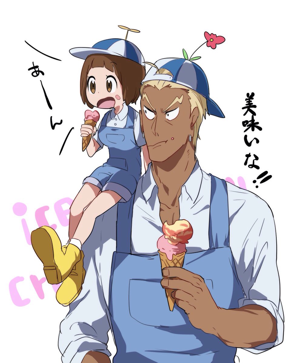 1girl, backwards_hat, blonde_hair, blue_overalls, bob_cut, brown_eyes, brown_hair, buttons