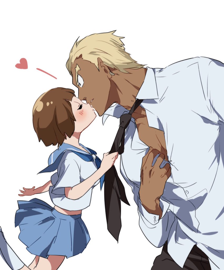 1boy, 1girl, black_necktie, black_pants, blonde_hair, blue_neckerchief, blue_sailor_collar, blue_skirt