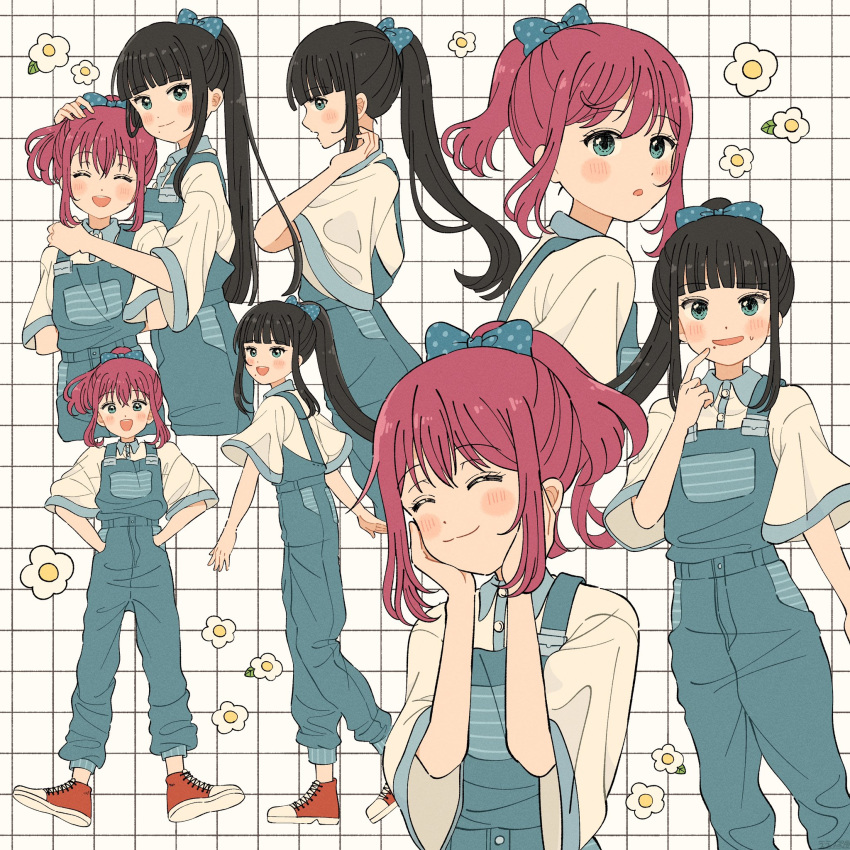2girls, :3, :d, :o, ^_^, alternate_costume, aqua_eyes, black_hair, blue_bow, blue_overalls, blunt_bangs, blush, bow, closed_eyes, closed_mouth, commentary, eeppa_(eextupa0000), flower, grid_background, hair_bow, hand_on_another's_head, hand_on_another's_shoulder, hands_in_pockets, hands_on_own_cheeks, hands_on_own_face, high_ponytail, highres, kurosawa_dia, kurosawa_ruby, long_hair, looking_at_viewer, love_live!, love_live!_sunshine!!, matching_outfits, medium_hair, mole, mole_under_mouth, multiple_girls, multiple_views, open_mouth, orange_footwear, overalls, ponytail, redhead, shoes, short_sleeves, siblings, sidelocks, sisters, sleeves_past_elbows, smile, split_mouth, standing, sweatdrop, white_background, white_flower