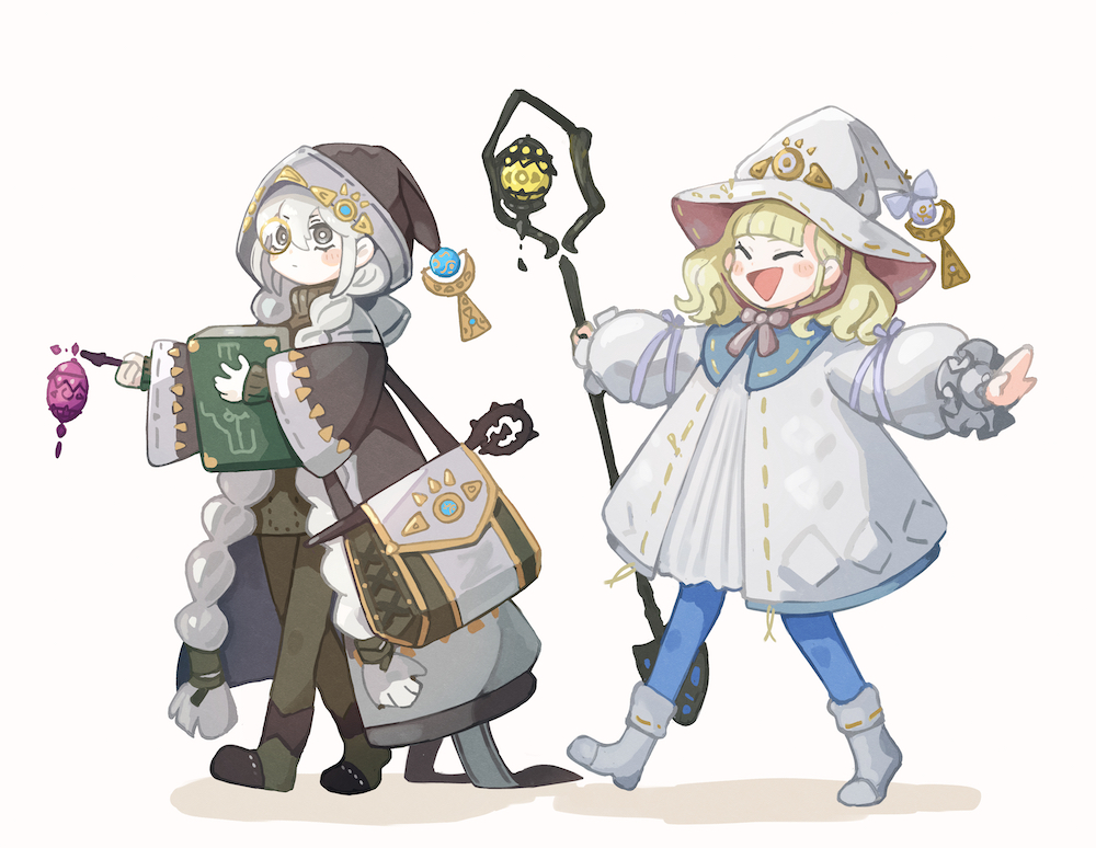 2girls, astellar_of_the_white_forest, blonde_hair, blue_pantyhose, book, braid, diabellstar_the_black_witch, diabellze_the_original_sinkeeper