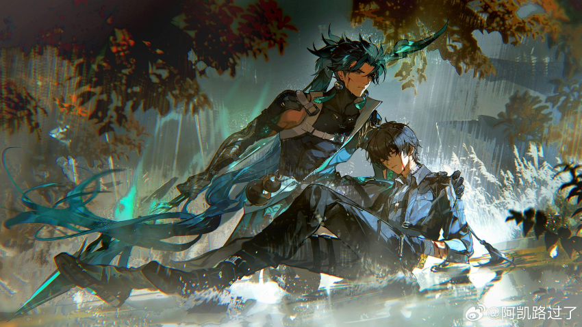 2boys, absurdres, akai_999, arm_out_of_sleeve, bandaged_arm, bandages, black_footwear, black_gloves