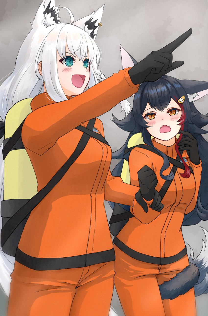 2girls, :d, ahoge, animal_ears, aqua_eyes, black_gloves, black_hair, blush