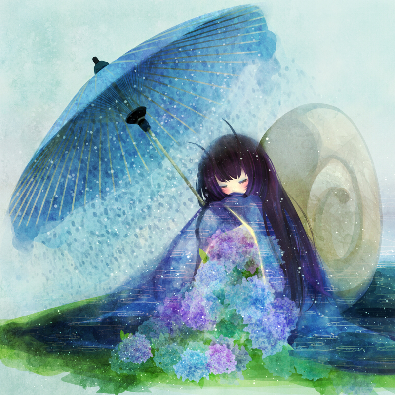 bad_id, black_hair, blush, closed_eyes, eyes_closed, flower, hydrangea, japanese_clothes