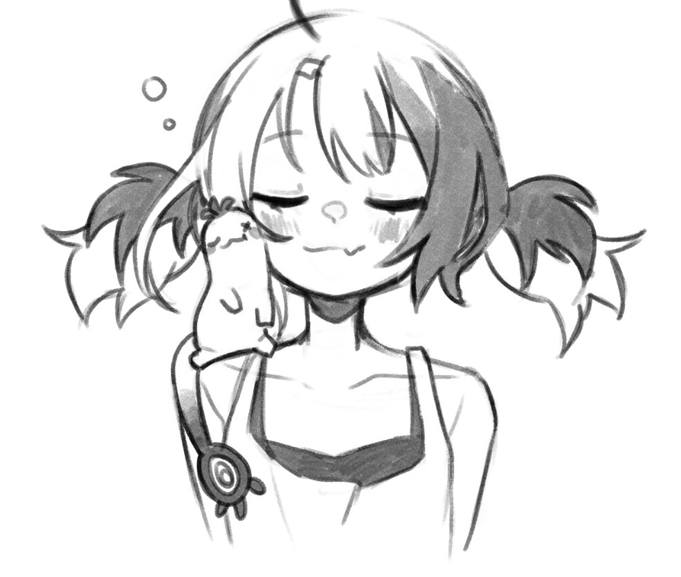 ahoge, animal_on_shoulder, arms_behind_back, artist_self-insert, bare_shoulders, black_tank_top, blush, bubble