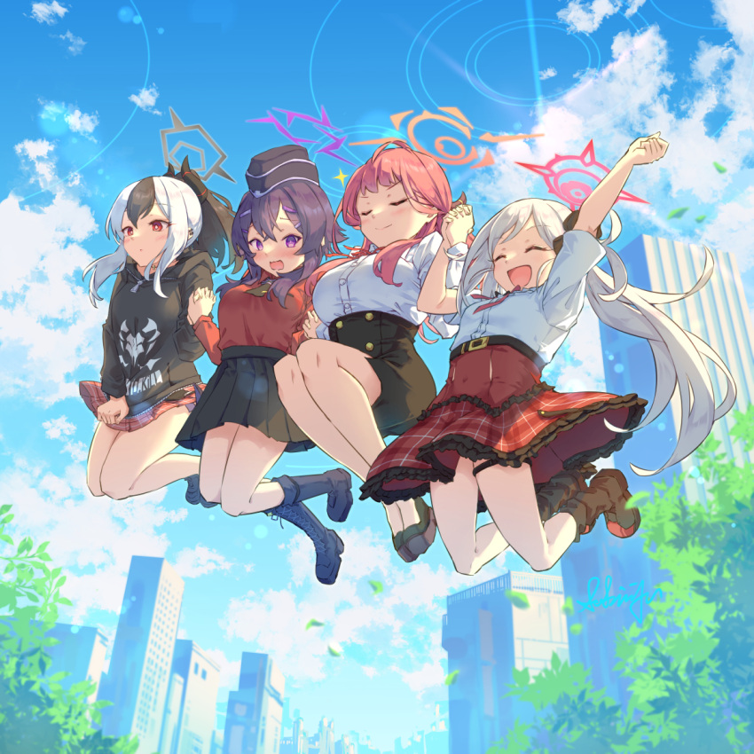 4girls, :d, arm_up, aru_(blue_archive), black_footwear, black_hair, black_hat, black_hoodie, black_skirt, blue_archive, blue_footwear, blush, boots, building, buttons, cityscape, clouds, commentary_request, cross-laced_footwear, curled_horns, demon_horns, double-breasted, garrison_cap, halo, haruka_(blue_archive), hat, high-waist_skirt, high_ponytail, highres, holding_hands, hood, hood_down, hoodie, hoodie_tug, horns, jumping, kayoko_(blue_archive), leaf, looking_ahead, multicolored_hair, multiple_girls, mutsuki_(blue_archive), outdoors, pencil_skirt, pink_hair, plaid_clothes, plaid_skirt, platform_footwear, pleated_skirt, problem_solver_68_(blue_archive), purple_hair, red_shirt, sakimiya_(inschool), school_uniform, shirt, shirt_tucked_in, shoelaces, sidelocks, signature, skirt, sky, smile, thigh_strap, three_quarter_view, two-tone_hair, wavy_mouth, white_hair, white_shirt