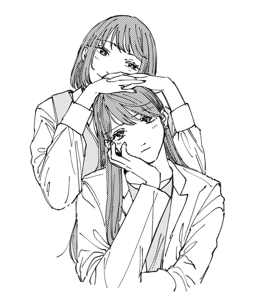 2dk_g_pen_mezamashidokei, 2girls, ear_piercing, hand_on_another's_head, hand_on_own_chin, highres, kazuki_nanami, long_hair, monochrome, multiple_girls, oosawa_yayoi, piercing, short_hair, simple_background, smile, tsujidou_aoi, upper_body