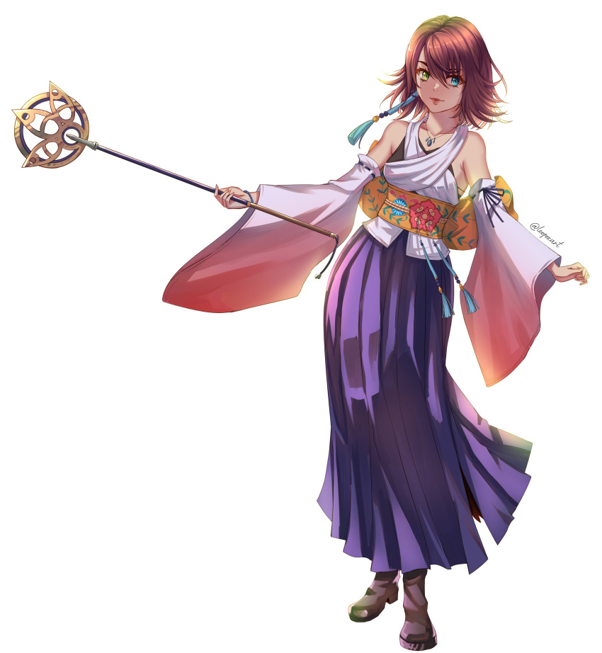 1girl, absurdres, artist_name, blue_eyes, blue_skirt, brown_hair, commentary, criss-cross_halter, detached_sleeves, final_fantasy, final_fantasy_x, full_body, green_eyes, halterneck, heterochromia, highres, holding, holding_staff, japanese_clothes, leofoxart, long_skirt, looking_at_viewer, nontraditional_miko, obi, pleated_skirt, ribbon_trim, sash, short_hair, simple_background, skirt, solo, staff, staff_(ff10), standing, white_background, wide_sleeves, yellow_sash, yuna_(ff10)