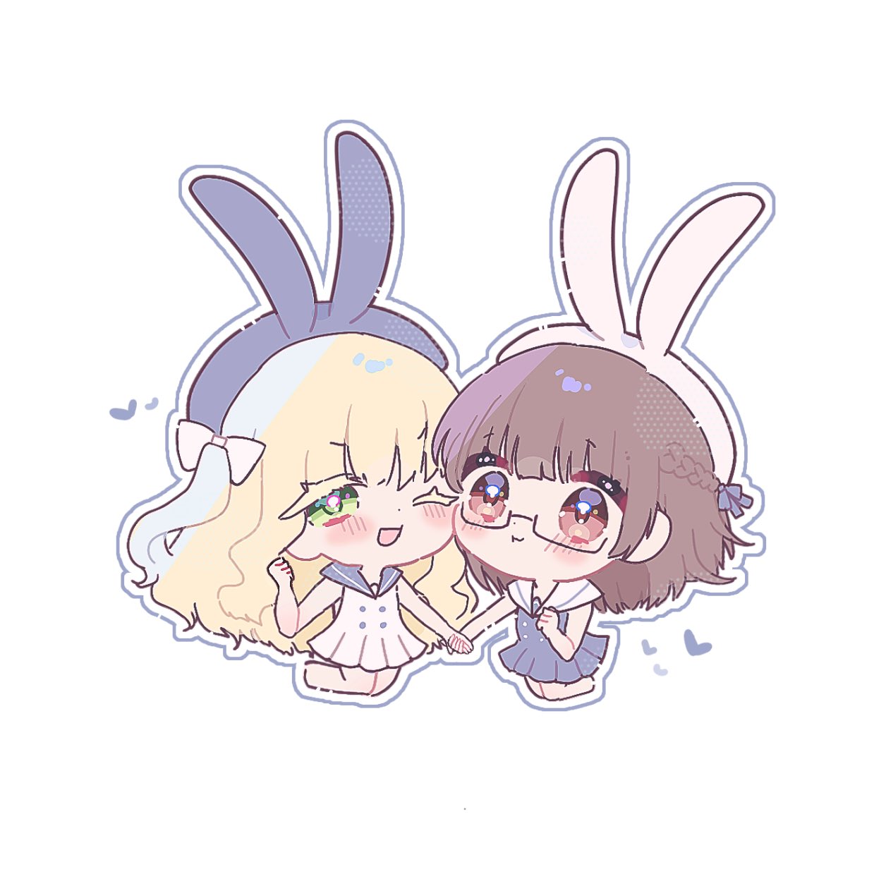 2girls, aaaakonnitiha, animal_ear_hairband, animal_ears, blonde_hair, brown_eyes, brown_hair, chibi