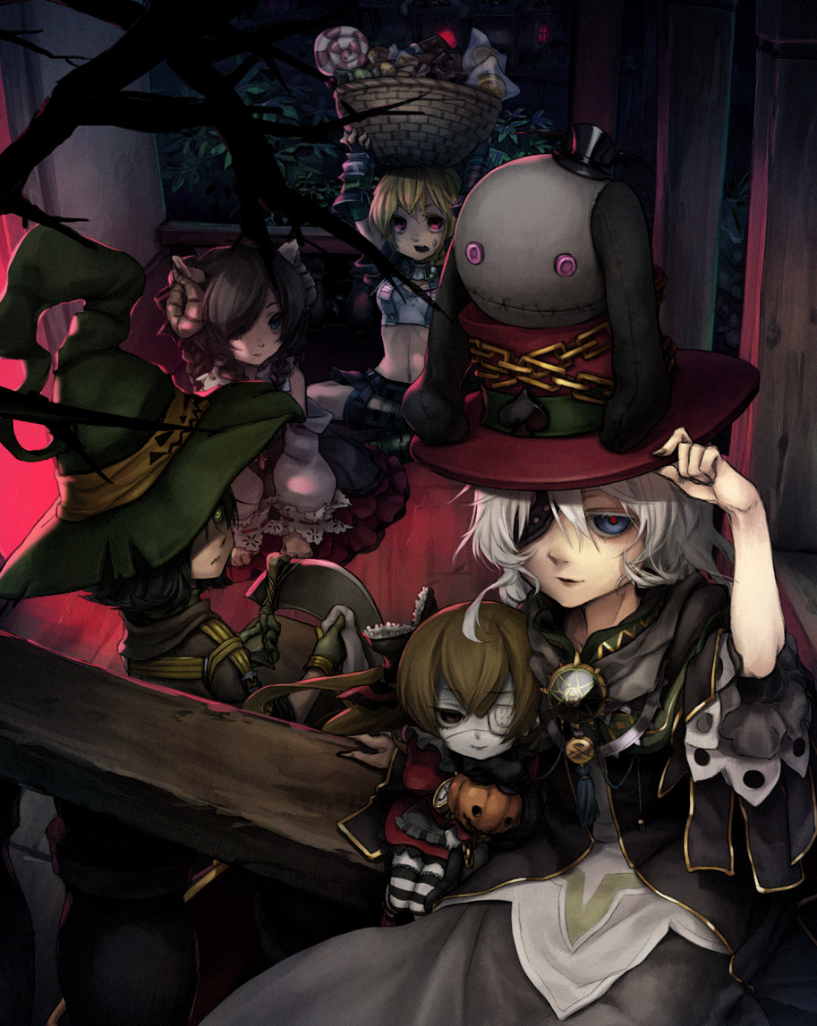 blue_eyes, branch, candy, doll, eyepatch, green_eyes, halloween, hat