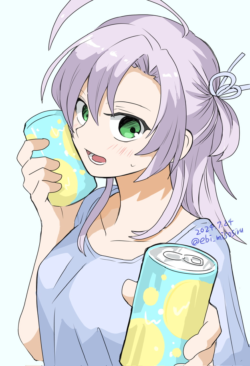 1girl, alternate_costume, can, can_on_head, drink_can, ebiriiko, green_eyes, highres