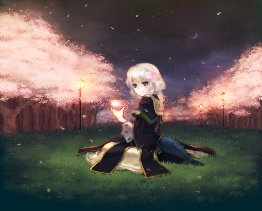 cherry_blossoms, dragon_girl, dragon_tail, flower, grass, hair_flower, hair_ornament, hebino_(snake_nest)