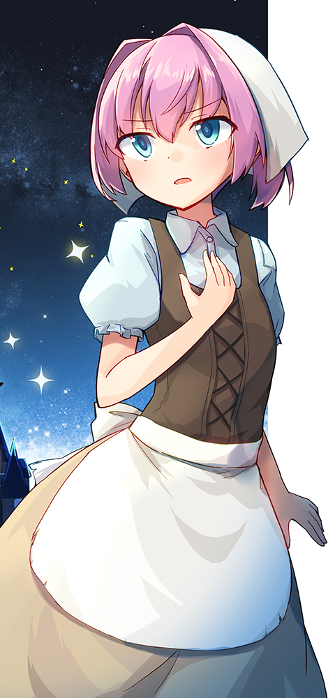 1girl, alternate_costume, apron, bandana, blue_eyes, brown_dress, cinderella, cinderella_(grimm), cinderella_(grimm)_(cosplay), collared_shirt, cosplay, dress, dress_shirt, hand_on_own_chest, kakizaki_(chou_neji), kantai_collection, pink_hair, ponytail, shiranui_(kancolle), shirt, short_hair, sky, solo, star_(sky), starry_sky, waist_apron, white_apron, white_shirt
