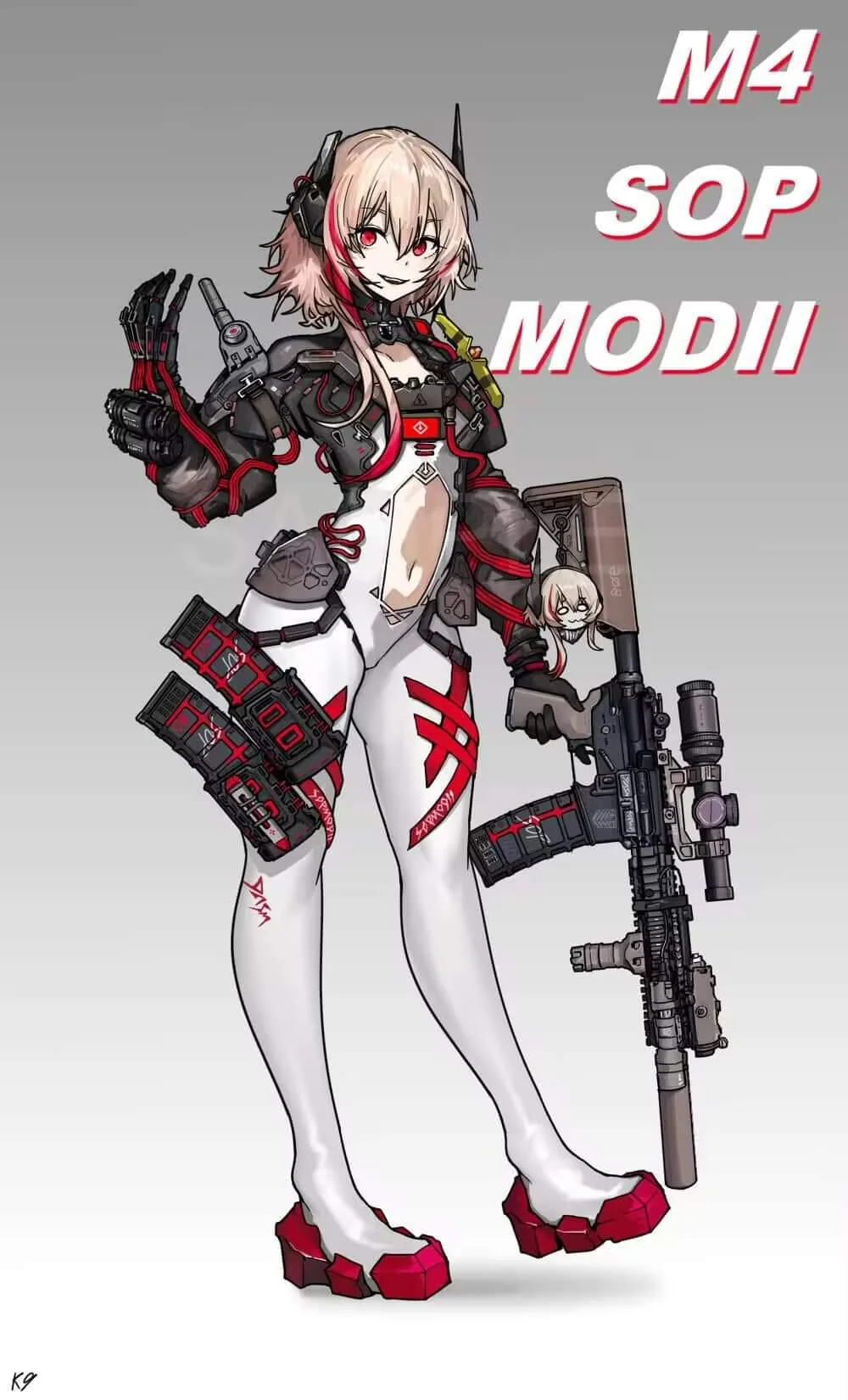1girl, ammunition_pouch, assault_rifle, bodysuit, girls_frontline, m4_sopmod_ii, m4_sopmod_ii_(girls_frontline), m4_sopmod_ii_jr