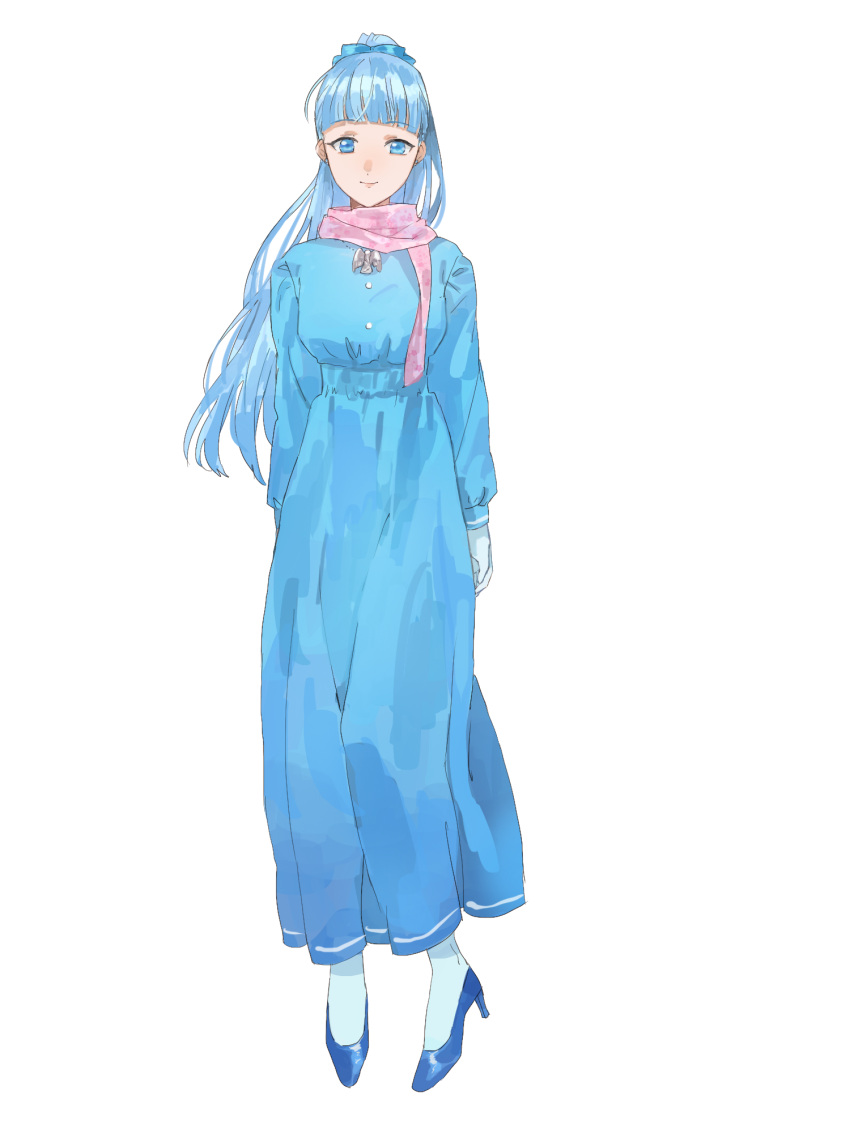 1girl, blue_bow, blue_dress, blue_eyes, blue_footwear, blue_hair, blunt_bangs, bow