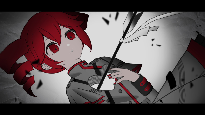 1girl, arrow_(projectile), buttons, commentary_request, drill_hair, dutch_angle, grey_jacket, grey_skirt