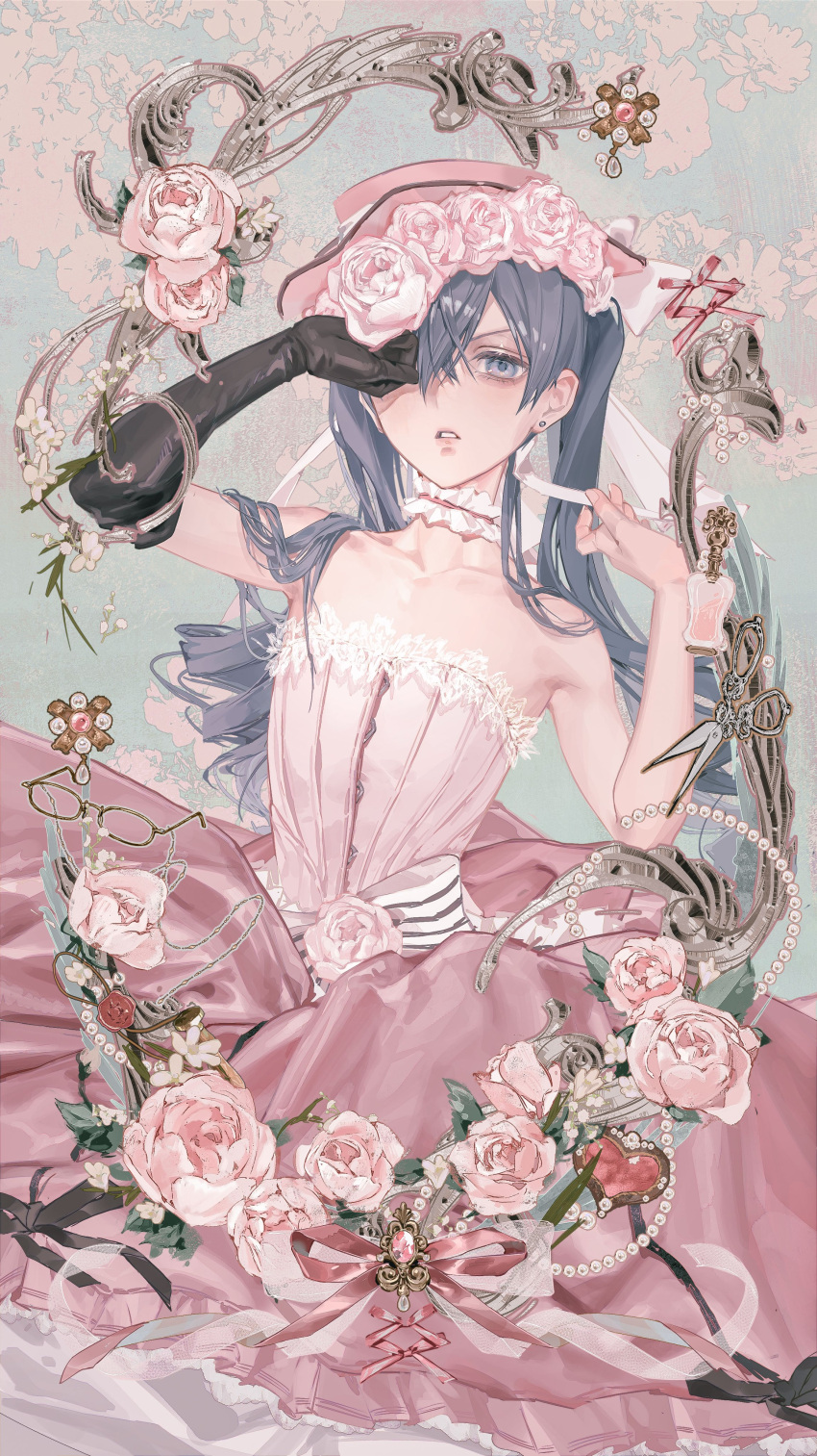 1boy, absurdres, bare_shoulders, black_gloves, ciel_phantomhive, ciel_phantomhive_(robin_dress), crossdressing, dress