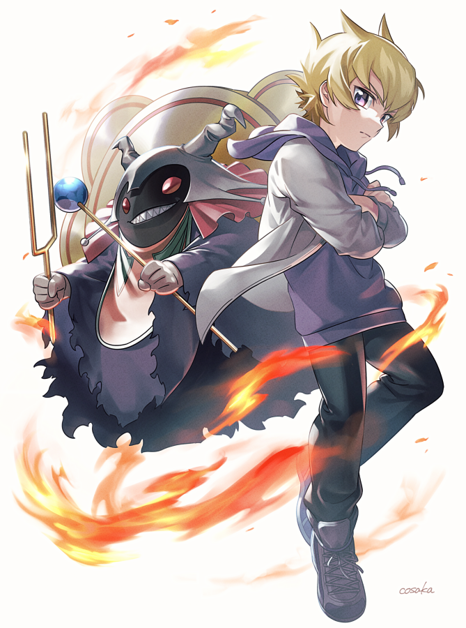1boy, aged_down, artist_name, black_pants, blonde_hair, crossed_arms, dark_resonator, duel_monster