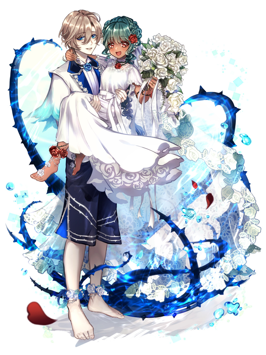 1boy, 1girl, :d, ankleband, barefoot, blue_eyes, blue_flower, bouquet
