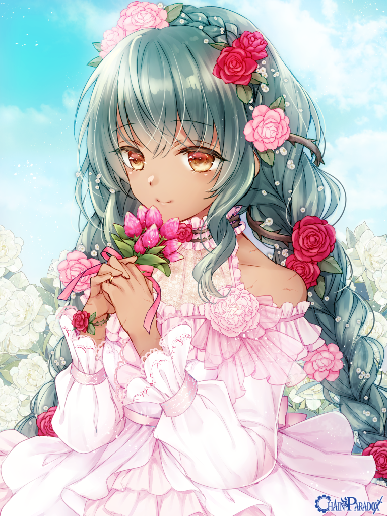1girl, braid, brown_eyes, chain_paradox, copyright_name, dark-skinned_female, dark_skin, day, dress, flower, gardenia_radice, green_hair, hair_flower, hair_ornament, holding, holding_flower, long_hair, long_sleeves, mizuno_umi, outdoors, pink_dress, plant, solo, vines