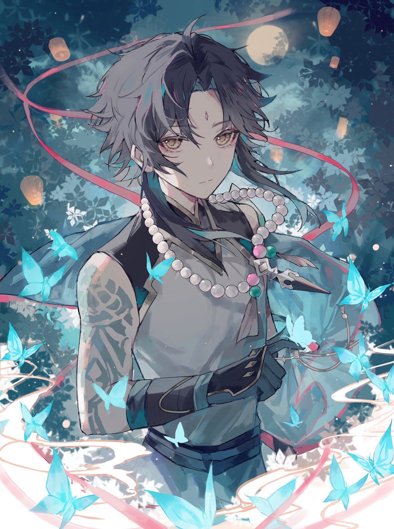 1boy, ahoge, arm_tattoo, bead_necklace, beads, black_hair, blue_butterfly, bug, butterfly, closed_mouth, colored_inner_hair, expressionless, eyelashes, full_moon, genshin_impact, gloves, green_gloves, hair_intakes, highres, jewelry, lantern, light_particles, looking_at_viewer, male_focus, mandarin_collar, medium_hair, moon, multicolored_hair, necklace, night, night_sky, nokoya, paper_lantern, parted_bangs, red_ribbon, ribbon, shirt, sky, sky_lantern, solo, tattoo, xiao_(genshin_impact), yellow_eyes