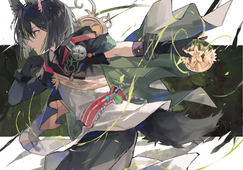 1boy, animal_ears, black_gloves, black_hair, black_pants, black_tail, cape, cowboy_shot