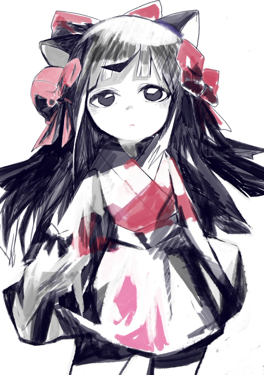 1girl, animal_ears, bad_id, bad_twitter_id, black_hair, blunt_bangs, cat_ears, chihedo_musubi, grey_eyes, hair_ribbon, highres, japanese_clothes, kimono, long_hair, red_ribbon, ribbon, simple_background, solo, standing, sutura_(balabushka), towelket_wo_mou_ichido, white_background