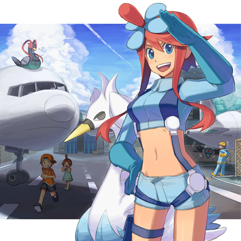 2boys, 2girls, airport, child, fuuro_(pokemon), hand_on_hip, hips, midriff, multiple_boys, multiple_girls, navel, open_mouth, pokemon, pokemon_(creature), pokemon_(game), pokemon_black_and_white, pokemon_bw, ponytail, salute, smile, suspenders, swanna, swoobat, unfezant, youngster_(pokemon), yuushitessen