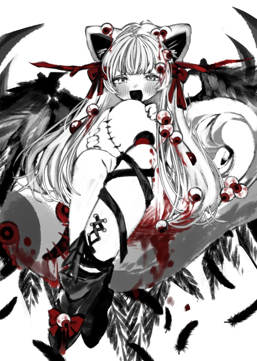 1girl, :d, animal_ears, bad_id, bad_twitter_id, black_footwear, blood, cat_ears, crossed_legs, eyeball, feathers, highres, long_hair, open_mouth, oruchuma-he_(towelket), red_ribbon, ribbon, simple_background, smile, solo, sutura_(balabushka), towelket_wo_mou_ichido, white_background, white_hair