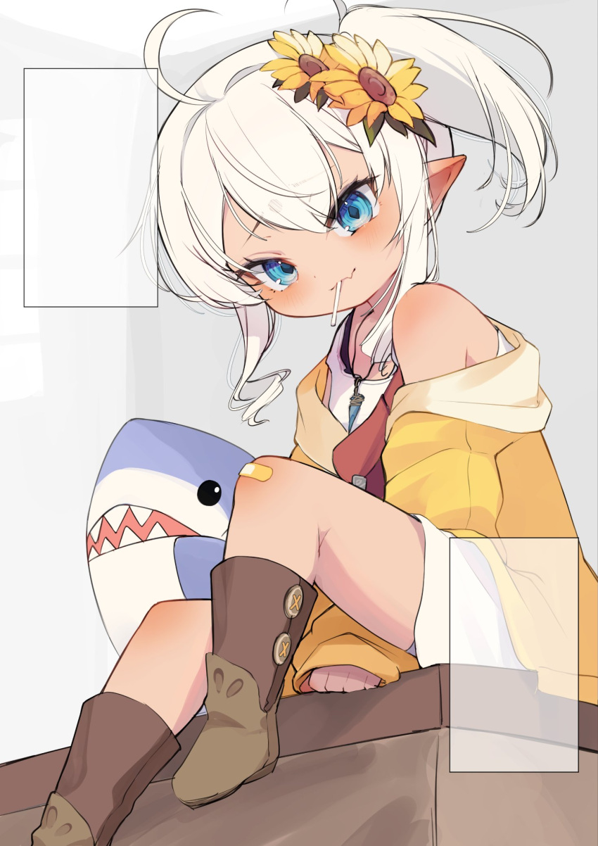 1girl, ahoge, asagawa_mikan, bandaid, bandaid_on_knee, bandaid_on_leg, blue_eyes, boots