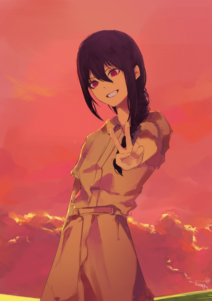 1girl, absurdres, black_hair, braid, braided_ponytail, chainsaw_man, grin, hair_between_eyes