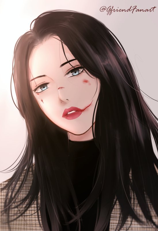 1girl, black_hair, black_sweater, blue_eyes, brown_hair, english_commentary, gfriend, gfriendfanart