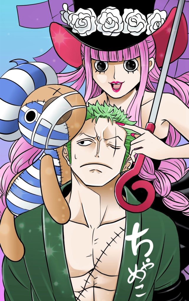 1boy, 1girl, bandana, bandana_around_arm, black_bandana, black_dress, blue_background, blunt_bangs, closed_mouth, commentary_request, dress, flower, green_hair, green_kimono, hat, holding, holding_umbrella, japanese_clothes, kimono, kumacy, long_hair, mask, mouth_mask, one_piece, one_syuka, perona, pink_hair, pink_nails, roronoa_zoro, rose, scar, scar_across_eye, sideburns, sidelocks, smile, stitched_torso, stitches, strapless, strapless_dress, stuffed_toy, sweatdrop, top_hat, umbrella, very_long_hair, white_flower, white_rose