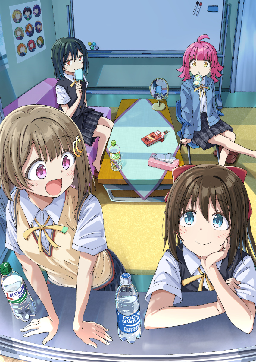 4girls, absurdres, ayase_eli, barefoot, black_skirt, black_vest, blue_eyes, blue_jacket