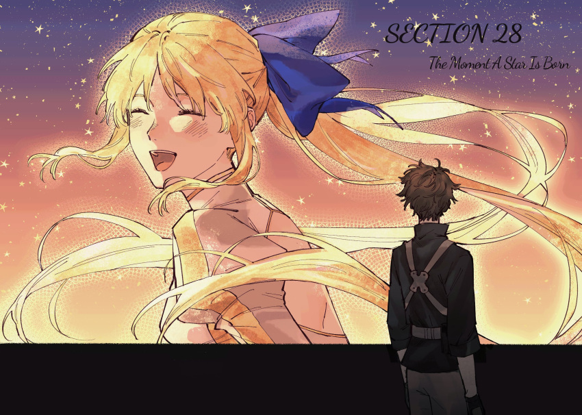 1boy, 1girl, ^_^, artoria_pendragon_(fate), black_shirt, blonde_hair, blush, brown_hair